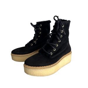 flamingos Boots Womens Black Faux Fur Lined Suede Lace Up Crepe Sole Wedge SZ 7